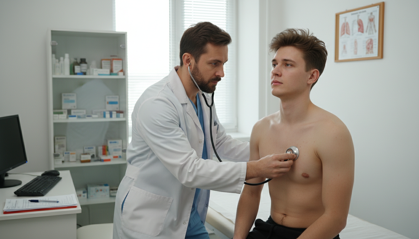 Врач-нарколог, стетоскоп, прослушивание лёгких пациента, медицинский кабинет