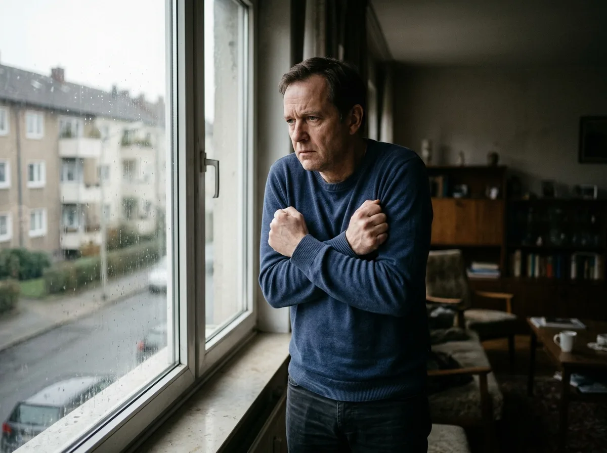 тревожный человек у окна, сжатые руки, напряжённая поза, рассеянный взгляд